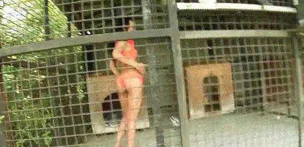 Naked sexy brunette proving her blowjob skills outdoor